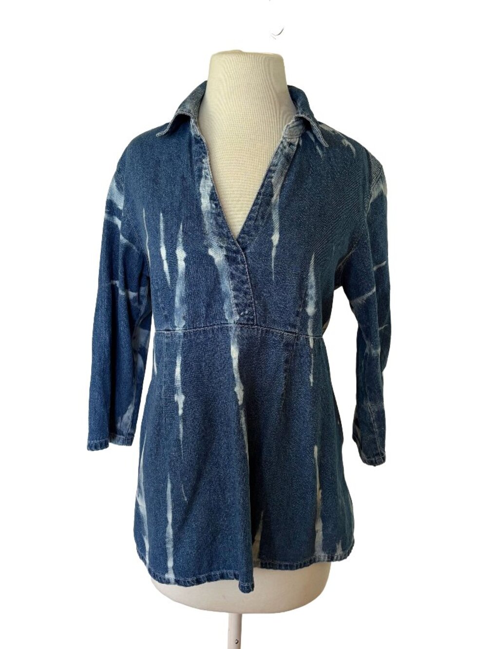 Vintage V Neck Denim Bleach Tie Dye Oh Mama Three Quarter Length Blue Jean Shirt